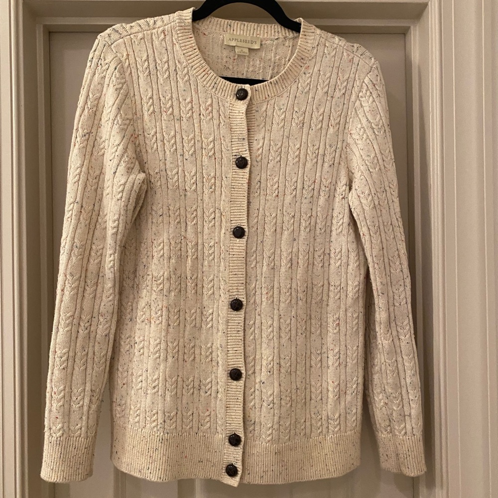 Appleseed's 98% Cotton Small MultiColor Speckled Ivory Cable Knit Cardigan
